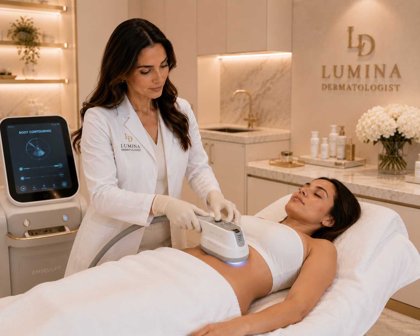 Physician performing a non-invasive body contouring treatment