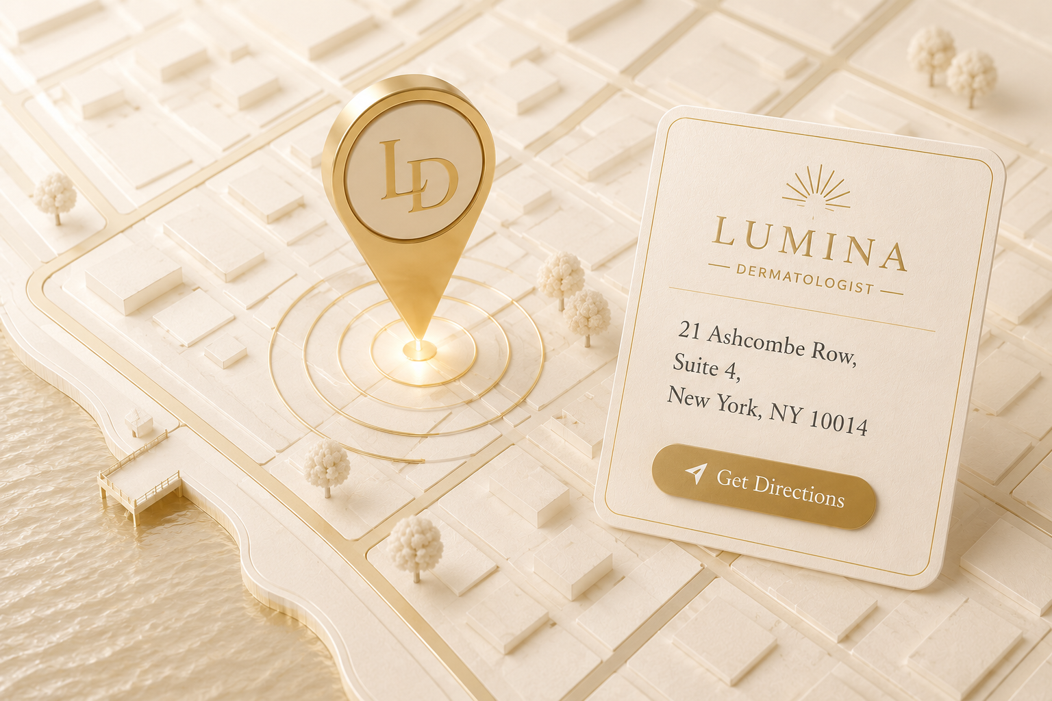 Map showing Lumina Dermatology location at 21 Ashcombe Row, Suite 4, New York, NY 10014