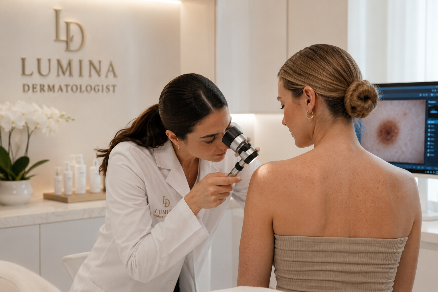 Physician performing a dermatoscopy skin examination